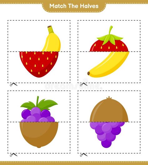 Match the halves. Match halves of Fruits. Educational children game, printable worksheet, vector illustration. Match the halves. Match halves of Fruits royalty free illustration Fruits Worksheets For Kids, Vegetable Activity For Kids, Name Activities Preschool, Easter Templates Printables, Different Kinds Of Fruits, Teach English To Kids, Fruit Crafts, Kids Worksheets Preschool, Puzzles For Toddlers