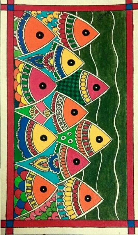 Madhubani Art Fish, Madhubani Paintings Ideas Design, Harmony Painting, Madhubani Paintings Peacock, Mithila Art, Worli Painting, Gond Painting, Madhubani Paintings, Water World