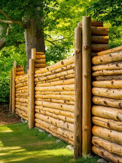 Stacked Log Fence, Log Fence Ideas, Diy Fence Ideas Cheap, Natural Privacy Fences, Garden Trellis Fence, Log Fence, Diy Fence Ideas, Pipe Fence, Landscape Ideas Front Yard Curb Appeal