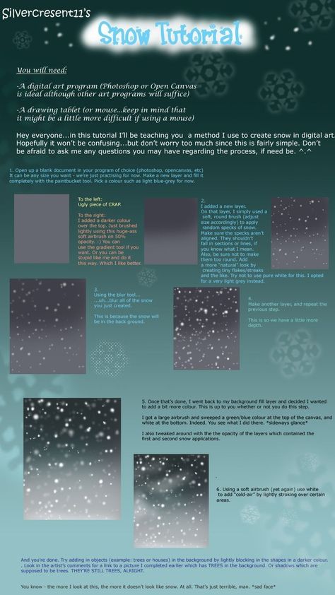 Snow Tutorial, How To Draw Snow, Photoshop Painting Tutorial, Digital Painting Tutorial, Digital Art Programs, Photoshop Tutorial Graphics, Scene Background, Winter Szenen, Background Drawing