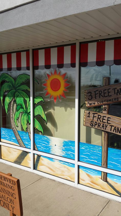 Beach Window Art, Tropical Window Display, Easy Window Painting Ideas Summer, Beach Window Painting, Window Art For Business, Summer Window Painting Ideas, Beach Window Display, Summer Window Art, Summer Window Painting