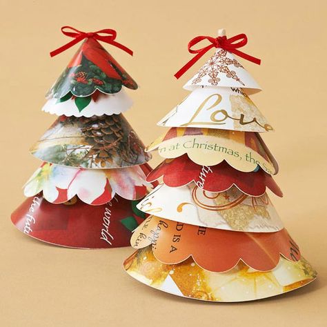 Recycled Christmas Cards Paper Christmas Trees, Recycle Christmas Cards, Christmas Card Ornaments, Greeting Card Craft, Handmade Christmas Crafts, Christmas Tree Cards, Christmas Card Crafts, Old Christmas, Paper Christmas