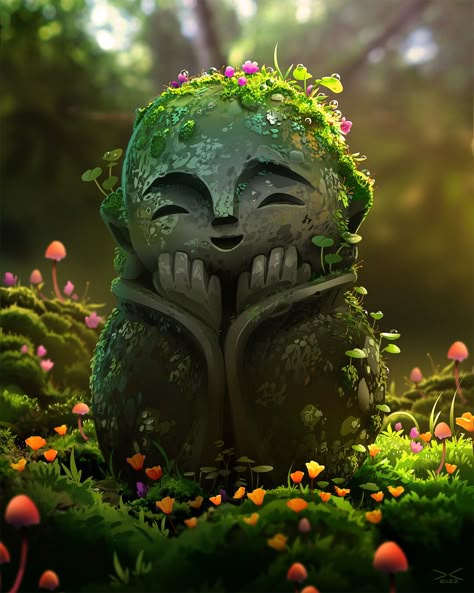 Jizo Statue, Illustration Procreate, Fantasy Forest, Stone Statues, Cool Wallpapers Cartoon, Fantasy Art Landscapes, Environment Concept Art, Zen Garden, Fantasy Landscape