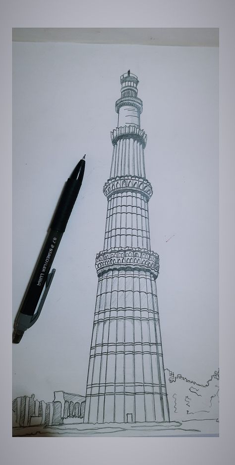 View of qutub Minar pencil sketch Monument Drawing Easy, Qutab Minar Drawing, Indian Historical Monuments Drawing, Monuments Drawing Easy, Kutub Minar Drawing, Qutub Minar Painting, Qutub Minar Drawing Easy, Taj Mahal Sketch Pencil, Monuments Of India Sketch