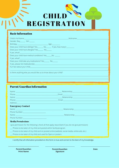 Preschool Registration Form, Admission Form For Preschool, Daycare Registration Form, School Registration Form, Babies Room Childcare Ideas, Registration Form Design, Preschool Assessment Forms, Kindergarten Registration, Daycare Application Forms