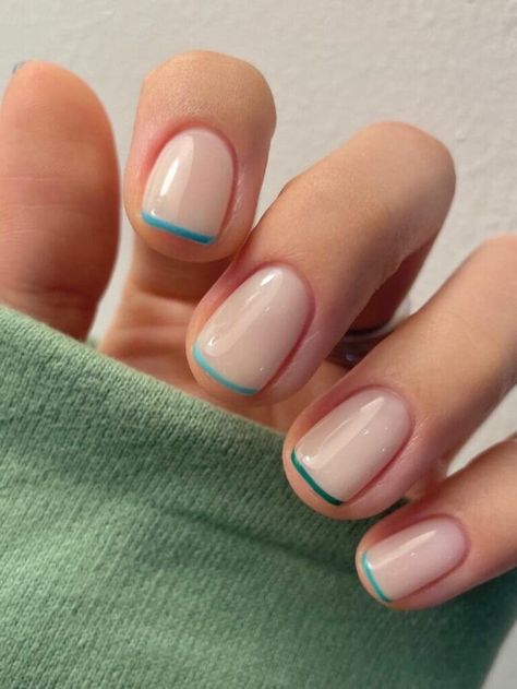 Nails With Just The Tips Painted, Spring Minimalist Nails Short, Teal Dip Nails, Teal Tip Nails, Gel Nails Teal, Teal Nails Short, Short Turquoise Nails, Short Teal Nails, Turquoise Nails Designs