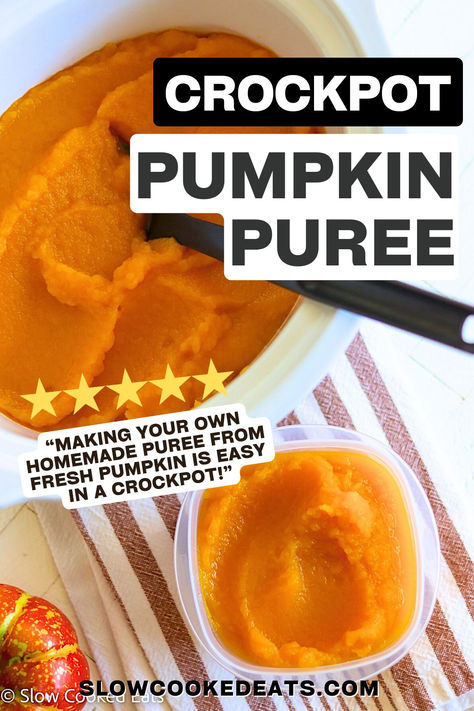 A white oval crockpot with cooked pumpkin puree. How To Make Pumpkin Puree, Holiday Crockpot, Crockpot Holiday Recipes, Making Pumpkin Puree, Crock Pot Pumpkin, Slow Cooker Holiday Recipes, Fresh Pumpkin Recipes, Crockpot Pumpkin, Baking Pumpkin