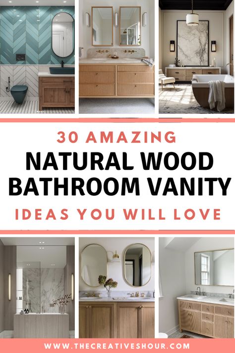 Discover stunning natural wood bathroom vanity ideas for an earthy vibe. Embrace the beauty of nature with these unique and gorgeous designs. Wood Vanity With Vessel Sink, Teak Wood Bathroom Cabinets, Stain For Bathroom Vanity, Natural Wood Bathroom Vanity Bedroom Vanities, Light Brown Vanity Bathroom Ideas, Wooden Cabinets Bathroom, Wood Vanity Top Bathroom, Oak And White Bathroom, Bathroom Tile With Wood Vanity