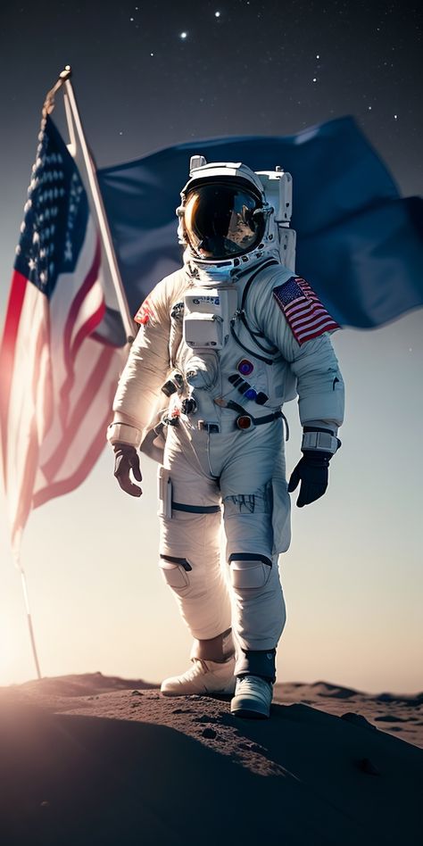 ethereal, soft lighting, AA full-body portrait of a man wearing a spacesuit and holding a flag, standing on the moon. The camera is a GoPro attached to his helmet and the lighting is soft and natural.. background bokeh Astronauts Aesthetic, Background Bokeh, Android Wallpaper Black, Body Portrait, Space Suits, Astronaut Wallpaper, Space Stuff, Natural Background, A Flag