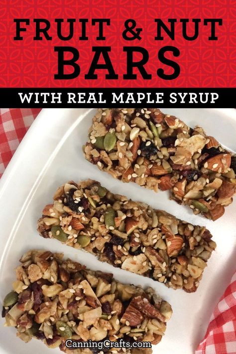 Create a delicious and healthy snack bar with our Fruit & Nut Bar recipe! Unlike store-bought bars, our recipe uses pure maple syrup for the natural sweetener. Loaded with healthy ingredients like nuts, seeds, coconut, dried fruit, and spices, you can also add protein powder for an extra nutritional boost. Get the complete, easy-to-make recipe on CanningCrafts.com today and treat your taste buds to a nutritious treat! | #maplesyrup #nuts #almonds Bars With Dates Healthy Snacks, Dried Fruit And Nut Bars, Oat And Nut Bars, Fruit And Nut Bars Recipe, Nut Protein Bar, Date Nut Bars Recipe Healthy Snacks, Fruit And Nut Granola Bars, Dried Fruit Bars, Fruit And Nut Bars Homemade