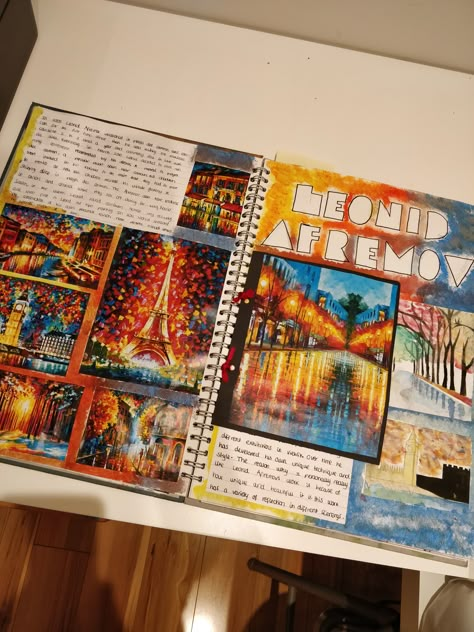 Leonid afremov- my response Artist Response Page, A Level Art Sketchbook Landscapes, Art Cba Ideas, Colourful Artist Research Page, A Level Sketchbook Layout, Artist Response Page Gcse, Artist Research Page A Level, Colour Theory Sketchbook Page, Gcse Art Artist Research Page