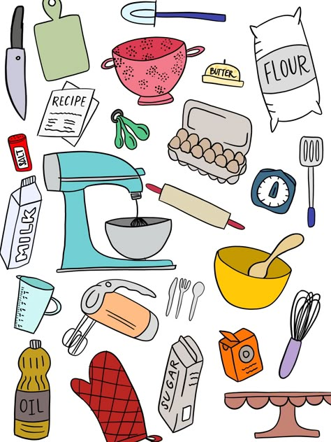 Baking Drawing Aesthetic, Baking Doodle Art, Cooking Aesthetic Stickers, Baking Tools Drawing, Cookery Stickers Printable, Baking Tools Illustration, Calligraphy Writing Styles, Ux Design Principles, Recipe Book Design