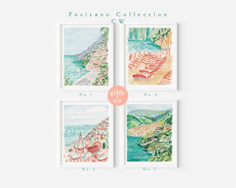 Amalfi Coast travel art, Positano art print from my colorful and whimsical series inspired by the romantic beauty of the Italian coast and features my original watercolor illustrations. Select options from the dropdown menu. Get No1, No2, No3, or No4. Get any combination of the four or all four. Also available is the Positano Fashion print... Print Details: Vertical orientation. This listing is for a professional museum quality art print created with fade resistant 19pt Savoy Cotton archival pap Amalfi Coast Wall Art, Positano Art, Positano Fashion, Art Bedroom Aesthetic, Architect Portfolio, Travel Watercolor, Amalfi Coast Travel, Italy Art Print, Italian Coast