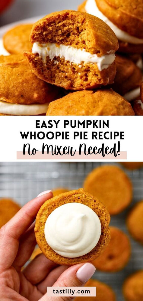 Cream Cheese Pumpkin Whoopie Pies are moist, soft, and fluffy cookies with a rich, sweet cream cheese filling. Simple, quick, and perfect for a cozy fall gathering. Cream Cheese Whoopie Pie Filling, Pumpkin Cookies With Cream Cheese Filling, Pumpkin Whoopie Pies With Cream Cheese, Fall Flavored Whoopie Pies, Pumpkin Whoppie Pies, Pumpkin Maple Whoopie Pies, Cream Cheese Filling For Whoopie Pies, Pumpkin Gobs With Cream Cheese Filling, Oatmeal Pumpkin Whoopie Pies