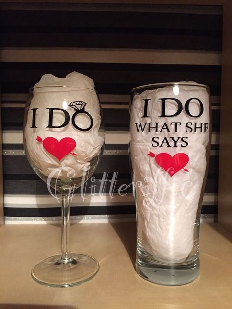 Make your own personalised wine/pint glasses with these DIY vinyl quotes. Simply peel of the backing, apply to clean, oil free glass (alcohol rub is good) rub over the top of the vinyl firmly and remove top protective layer, leaving your decal on the glass. | eBay! Cricut Wine Glasses, Wine Glass Vinyl, Wine Glass Sayings, Funny Wedding Gifts, Diy Wine Glasses, Wedding Wine Glasses, Diy Wedding Gifts, Wine Glass Crafts, Vinyl Gifts