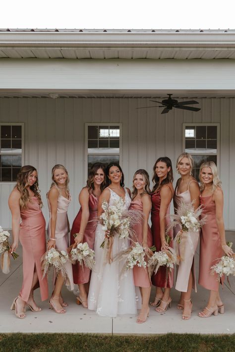 Pink mismatches Bridesmaid dress Blush Tones Bridesmaid Dresses, Aesthetic Wedding Bridesmaid Dresses, Rustic Pink Bridesmaid Dresses, Bridesmade Dress Ideas, Blush Wedding Dress With Bridesmaids, Bride Mades Dresses, Rusty Pink Bridesmaid Dresses, June Wedding Colors Bridesmaid Dress, Silk Pink Bridesmaid Dresses