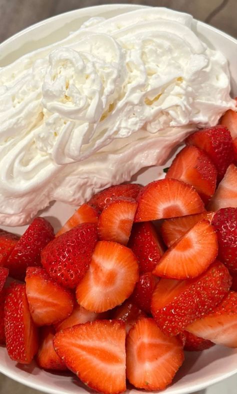 Strawberries & whipped cream Berries With Whipped Cream, Whip Cream And Strawberries, Strawberries And Whipped Cream Aesthetic, Whip Cream Aesthetic, Whipped Cream Aesthetic, Strawberry And Whipped Cream, Fruit And Whipped Cream, Strawberries Whipped Cream, Whipped Cream And Strawberries