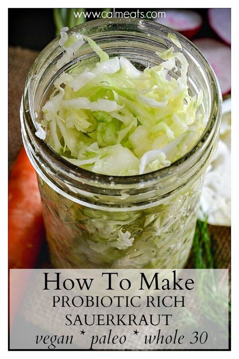 Making sauerkraut is surprisingly easy! The only ingredients you need are salt and cabbage. Easy enough, right? So check out this quick guide for how to make sauerkraut. #vegan #priobiotics #paleo #sauerkraut #whole30 #guthealth #guthealthyfood #fermentedfood #fermentedvegetables #easyferments Make Sauerkraut, Making Sauerkraut, Sauerkraut Recipes, Fermented Vegetables, Fermented Foods, Side Recipes, Basic Recipes, Fermenting, Whole 30 Recipes