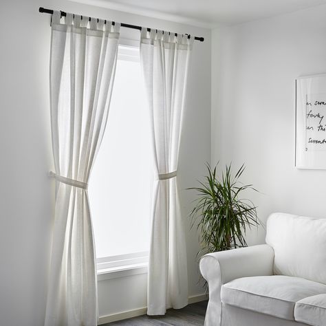 LENDA Curtains with tie-backs, 1 pair, bleached white, 55x98" - IKEA Lenda Curtains, Off White Curtains, Curtains Without Sewing, Ikea Curtains, Natural Furniture, Tab Top Curtains, Curtain Length, Cool Curtains, Beautiful Curtains