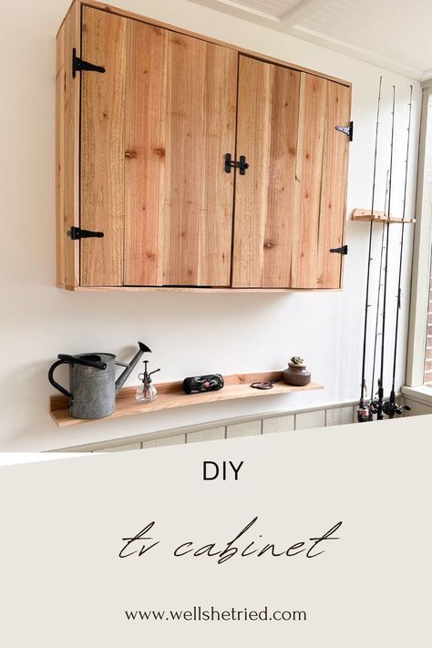 Step by step guide on how to build this DIY TV Cabinet with bi-folding doors! This cabinet is a perfect way to hide your TV and keep your space functional! #diy #homedecor #tv #cabinet Diy Tv Cabinet, Hide A Tv, Hide Your Tv, Tv Cabinets With Doors, Diy Tv, Diy Furniture Renovation, Furniture Renovation, Folding Doors, Screened In Porch