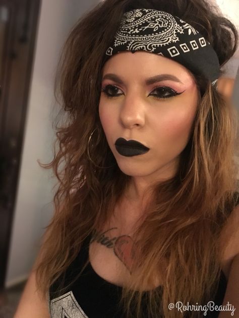 Rock And Roll Makeup 80s, Rock Of Ages Makeup, Rocker Makeup Halloween, 80s Rocker Makeup And Hair, 80s Eye Makeup Glam Rock, 80s Rock Makeup And Hair, Rock N Roll Makeup Ideas, 80’s Rock Makeup, 80s Rocker Chick Makeup