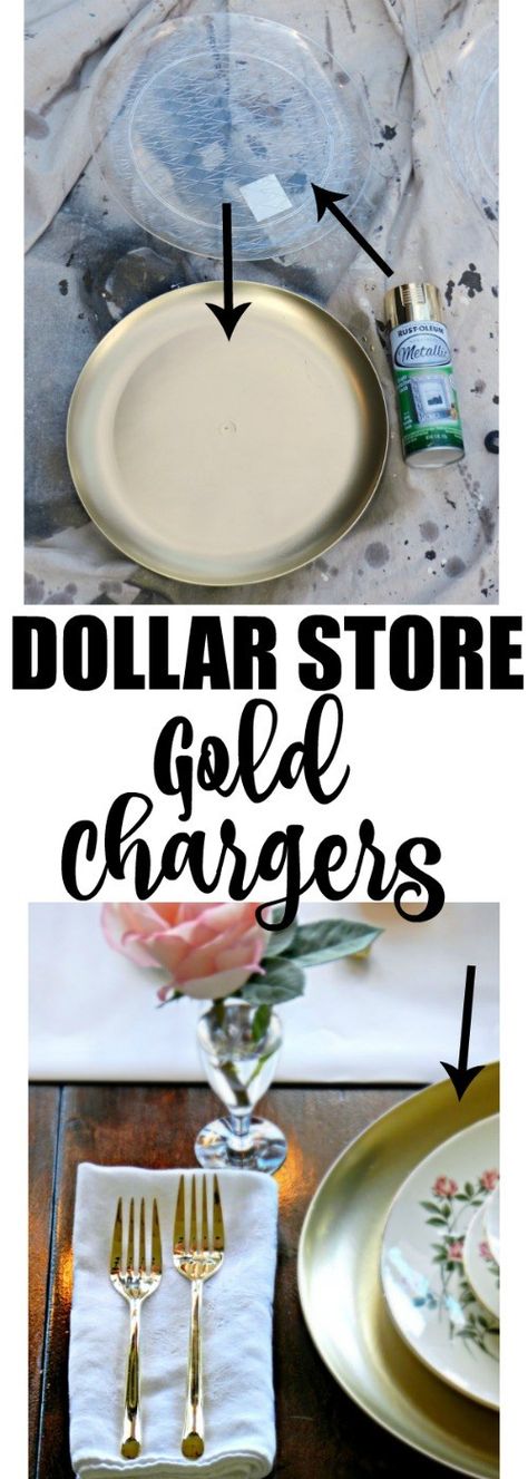 I can't believe these gorgeous gold chargers are made from those clear plastic trays from the dollar store. All she did was spray paint them! Diy Kallax, Affordable Wedding Decorations, Wedding Reception On A Budget, Gold Charger Plate, Diy Wedding On A Budget, Rustic Wedding Decorations, Boda Diy, Gold Chargers, Wedding On A Budget