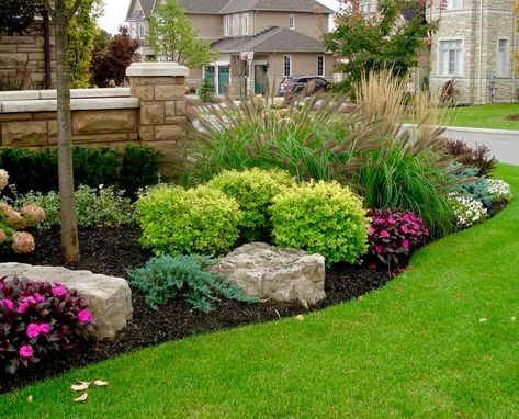 End Of Driveway Landscaping Curb Appeal, Front Yard Landscaping Farmhouse Style, Driveway Entrance Flower Bed Ideas, L Shaped Landscape Design, Colvert Landscaping, North Facing Landscaping Front Yard, Long Garden Design, Large Front Yard Landscaping Ideas, Garden With Rocks