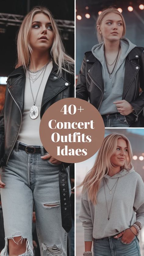 Steal These 40+ Concert Outfit Ideas | Fashion Editor Approved Concert Outfit With Leather Jacket, Music Concert Outfit Night, Outfit Ideas For Concert Night, Outfits For Concerts Night, Night Concert Outfit Ideas, Outfit With Leather Jacket, Night Concert Outfit, Concert Outfit Night, Music Concert Outfit