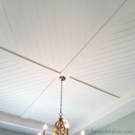 beautiful diagonal planked shiplap ceiling design via Remodelaholic Decorative Ceiling Panels, White Kitchen Renovation, Low Ceiling Basement, Beautiful White Kitchens, Shiplap Ceiling, Plank Ceiling, Basement Ceiling, Ceiling Detail, Ceiling Treatments