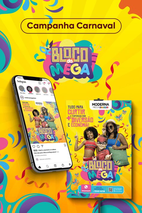 Campanha Bloco da Mega de Carnaval: Conduzi a criação desta vibrante identidade visual para a Moderna Mega Store. Inspirada no nome da loja, a campanha capturou a energia única do Carnaval através de cores vivas como amarelo, vermelho, azul e verde. Desenvolvi materiais para redes sociais e banners, impulsionando as vendas de fantasias e acessórios. Busquei transmitir a alegria contagiante da temporada, resultando em uma celebração memorável que impactou tanto visualmente quanto comercialmente. Banner Carnaval, Banners, Marketing, Design