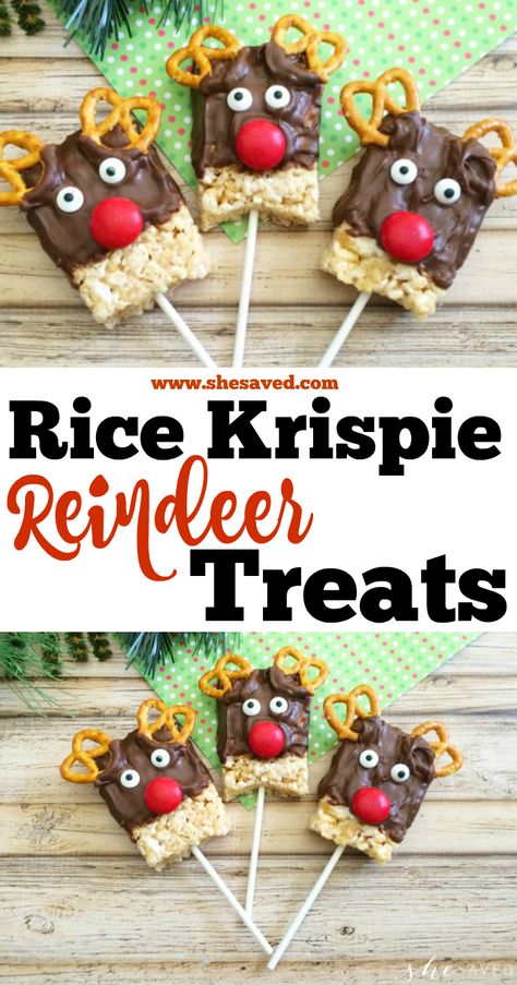 Rice Krispie Treats Christmas Reindeer, Santa Rice Krispie Treats, Thanksgiving Rice Krispie Treats, Holiday Rice, Treats On A Stick, Krispie Treats Christmas, Christmas Desert, Reindeer Treats, Christmas Party Treats