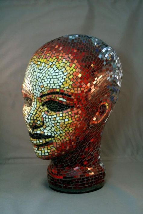 Mannequin Head Art, Halloween Mannequin, Styrofoam Head Art, Mosaic Mannequin, Mannequin Ideas, Mannequin Decor, Styrofoam Art, Wig Head, Styrofoam Head