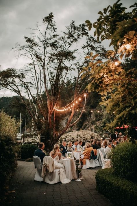 Edison lights hang above the wedding guests as they eat dinner outside west coast weddings dot com Perfect Summer Day, Beauty Cakes, West Coast Wedding, Outdoor Reception, Local Wedding, Coast Wedding, Wedding Show, Tree Wedding, The Seaside