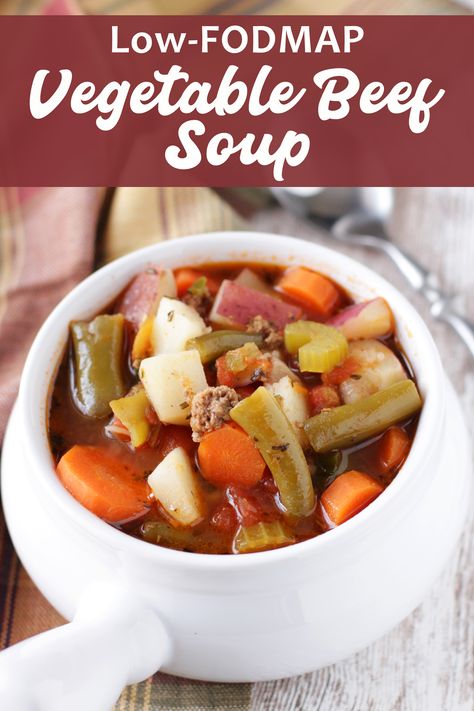 Low FODMAP Vegetable Beef Soup - Delicious as it Looks Sensitive Stomach Diet, Fodmap Sauces, Fodmap Soup, Beans And Ground Beef, Fodmap Slow Cooker, Gluten Free Dairy Free Recipes Dinner, Fodmap Meals, Low Fodmap Vegetables, Fod Map