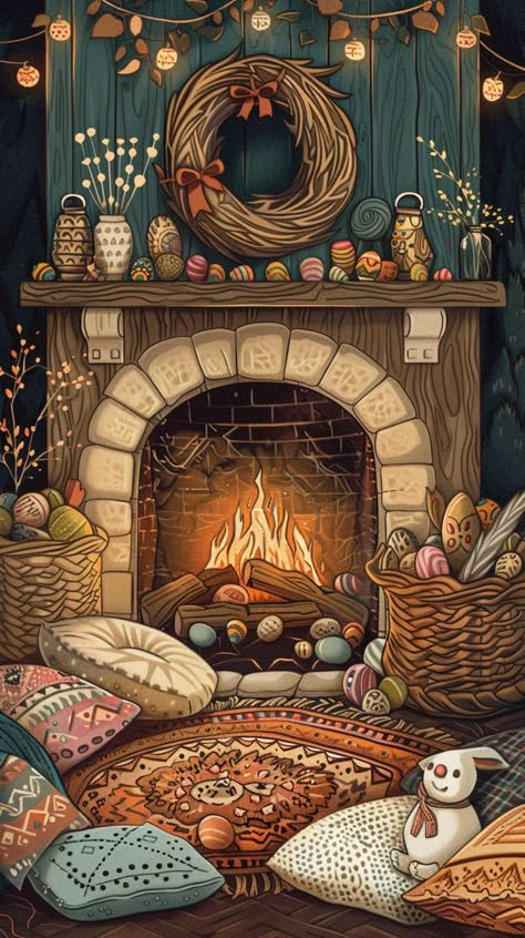 Get into the Easter spirit with this cozy fireplace phone wallpaper! 🐰🌷✨ Perfect for adding a touch of charm to your device this holiday season. #EasterDecor #PhoneWallpaper #CozyFireplace #HolidayVibes Fireplaces Wallpaper, Cozy Fantasy Wallpaper, Hygge Painting, Cozy Home Illustration, Cozy Winter Wallpaper, Yule Wallpaper, Cozy Phone Wallpaper, Cozy Winter Aesthetic Wallpaper, Cozy Animated Wallpaper