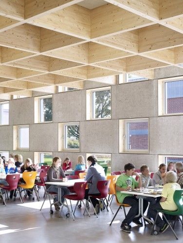 Salmtal Secondary School Canteen / SpreierTrenner Architekten | ArchDaily Canteen Design, Cafeteria Design, School Canteen, School Building Design, Facade Material, School Interior, Interior Design School, School Cafeteria, Education Design