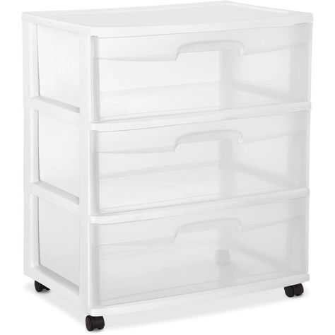 3 Drawer Wide Cart White Rolling Box Storage Cabinet See Through Durable Plastic #3DrawerWideCart Clear Drawers, Plastic Storage Shelves, Plastic Storage Drawers, Drawer Cart, Organization Cart, 3 Drawer Storage, Rolling Storage Cart, Rolling Storage, Rolling Cart