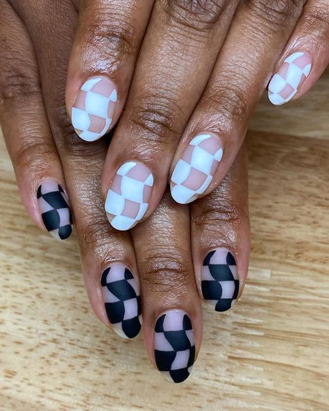 Haley Scaggs on Instagram: “A wavy checkerboard moment for Ashley! I love this set and the alternating white and black hands. 🖤🐼🤍 #nailart #nailsofinstagram…” Checkerboard Nails, Wavy Checkerboard, Checkered Nails, Manicure Nail Designs, Ashley I, Black Hands, Gel Nail Design, Skin Therapy, Black Hand