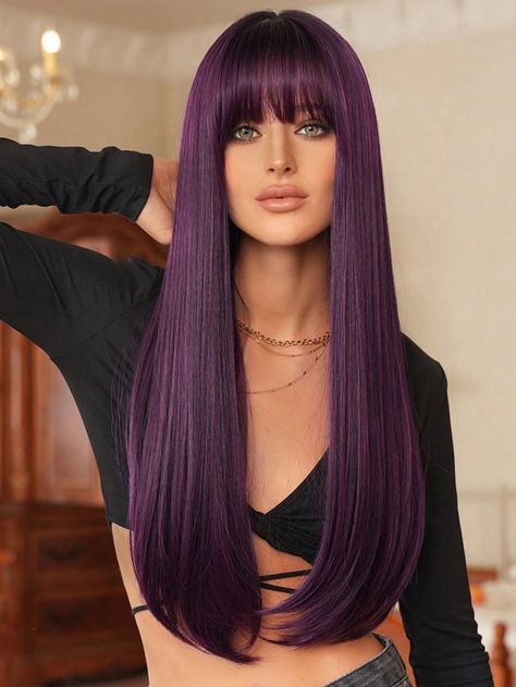 Pelucas moradas Nicky Wall de 28 pulgadas para mujeres, peluca sintética larga y recta con flequillo y raíces oscuras, pelo resistente al calor y natural para uso diario de fiesta y cosplay de chicas Morado    Fibra de Alta Temperatura  Pelucas de Flequillo   Wigs & Accs, size features are:Bust: ,Length: ,Sleeve Length: Purple Wigs, Curly Hair Fringe, Bangs Wig, Natural Looking Wigs, Purple Wig, Hair Accessories Boho, Purple Collar, Beautiful Wigs, Wig With Bangs