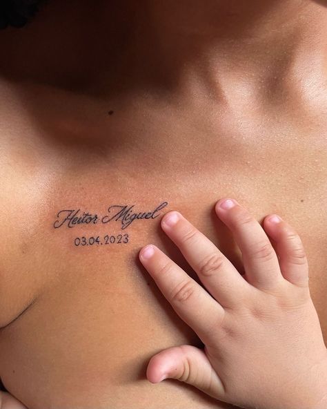 Mama Tattoos For Son, Tattoos To Get For Your Son, Tattoo For First Born Daughter, Matching Baby Tattoos For Parents, Tattoo For First Born Son, Child’s Name Tattoo Dainty, Tattoo Ideas For First Born Son, Tattoos For Baby Boy Mother Son, Baby Inspired Tattoos