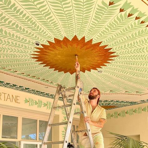 Painted Ceiling Pattern, Rug On Ceiling, Floral Painted Ceiling, Mural Ceiling, Ceiling Murals Bedroom, Chartreuse Ceiling, Gold Wall Paint, Painted Kitchen Ceiling, Ceiling Painting Ideas