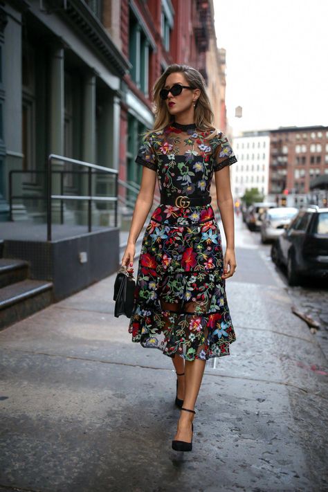 NYC fashion blogger Mary Orton wearing black Anthropologie embroidered fit and flare floral midi dress black Sam Edelman ankle strap pumps black M2Malletier mini leather shoulder bag black cat eye sunglasses Marc Jacobs pearl drop earrings black leather Gucci waist belt #weddingguestdress Black Tie Wedding Guest Dress Summer, Black Tie Wedding Guest Dress, Best Wedding Guest Dresses, Black Tie Wedding Guests, Summer Wedding Guests, Summer Wedding Outfits, Summer Wedding Outfit Guest, What To Wear To A Wedding, Wedding Guest Outfit Summer