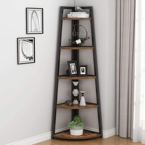 Union Rustic Scaggs 70.07'' H x 25.9'' W Steel Corner Bookcase & Reviews | Wayfair Tall Corner Shelf, Corner Ladder Shelf, Corner Storage Shelves, Corner Bookshelf, Small Bookshelf, Corner Bookshelves, Small Bookcase, Corner Space, Corner Storage