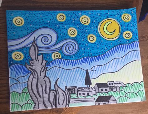 Starry Night with crayon, brush markers, and gel pens Starry Night Marker Drawing, November Art, Brush Markers, Creative Drawing Prompts, Maori Art, Drawing Prompt, Watercolor Art Lessons, Marker Drawing, Night Painting