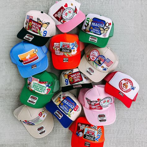 our patched truckers >>> a mix of vintage, eclectic, colorful & fun patches make our hats extra special 🫶🏼 launching tonight (7.25) @ 8pm cst!!! comment here if you want reminded 💅🏼 Beanie Design, Voynich Manuscript, Custom Fitted Hats, Fun Patches, Apparel Design Inspiration, Shirt 2023, Cool Patches, Hat Ideas, Hat Collection