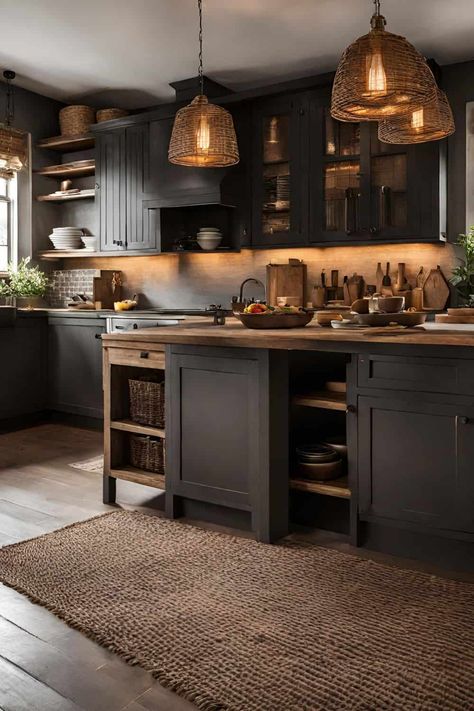 40+ Aesthetic Moody Farmhouse Kitchen Ideas You Will Both Love Moody Kitchen Aesthetic, Dark Country Kitchen, Earthy Moody Home Aesthetic, Dark Rustic Kitchen Cabinets, Dark Kitchen Inspiration, Western Gothic Kitchen, Black Kitchen Cabinets Farmhouse, Moody Vintage Home, Moody Farmhouse Kitchen