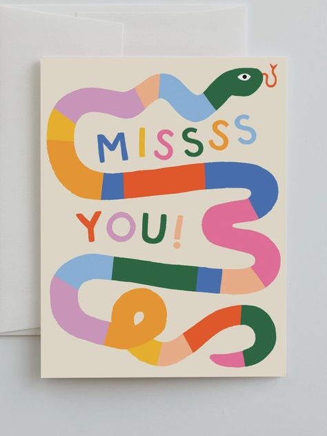 missss you snake card Stamp Birthday Card, Quote Cards Design, Funny Handmade Birthday Cards, Abstract Cards, Creative Greeting Cards, Inside Cards Ideas, Scrapbook Cards Ideas, Cute Envelope Ideas, Just Because Cards