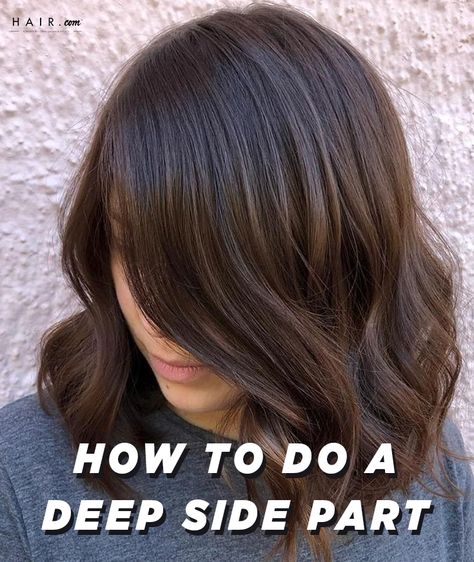 Deep Side Part Medium Length Hair, Deep Side Part Lob, Dramatic Side Part Hair, Diagonal Part Hair, Deep Part Hairstyles, Deep Side Part Hairstyles, Deep Side Part Bob, Curl Lob, Side Part Hairstyle