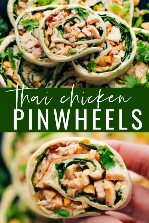 Thai Chicken Pinwheels offer a delicious, bite-sized fusion of Asian flavors, with a tangy cream cheese spread, sweet chili-coated chicken, fresh spinach, and crunchy peanuts, all wrapped in a soft tortilla. These easy-to-make pinwheels are perfect for parties, picnics, or casual get-togethers, delivering incredible savory, sweet, and slightly spicy flavors in every bite! #dinner #lunch #quick #easy #simple #familyfriendly #kidfriendly #backtoschool #thaichicken #pinwheels Asian Wraps Tortilla, Bbq Chicken Pinwheels, Thai Sandwich Recipes, Crunchy Lunch Ideas, Pinwheel Appetizers Chicken, Pinwheel Lunch Ideas, Cream Cheese Roll Ups Tortilla, Chicken Pinwheels Cream Cheese, Shrimp Pinwheels