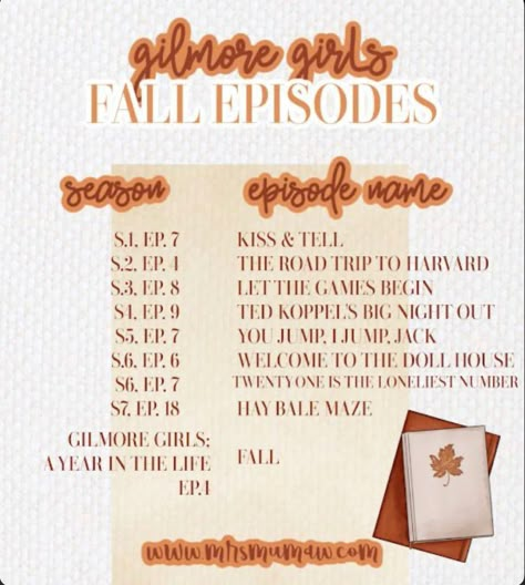 Not mine credit to creator Gilmore Girls Fall Episodes List, Gossip Girl Fall Episodes, Gilmore Girls Thanksgiving Episodes, Gilmore Girls Autumn Episodes, Episodes To Watch When, Gilmore Girls Winter Episodes, Fall Episodes Of Shows, Gilmore Girls Fall Episodes, Gilmore Girls Fall Party